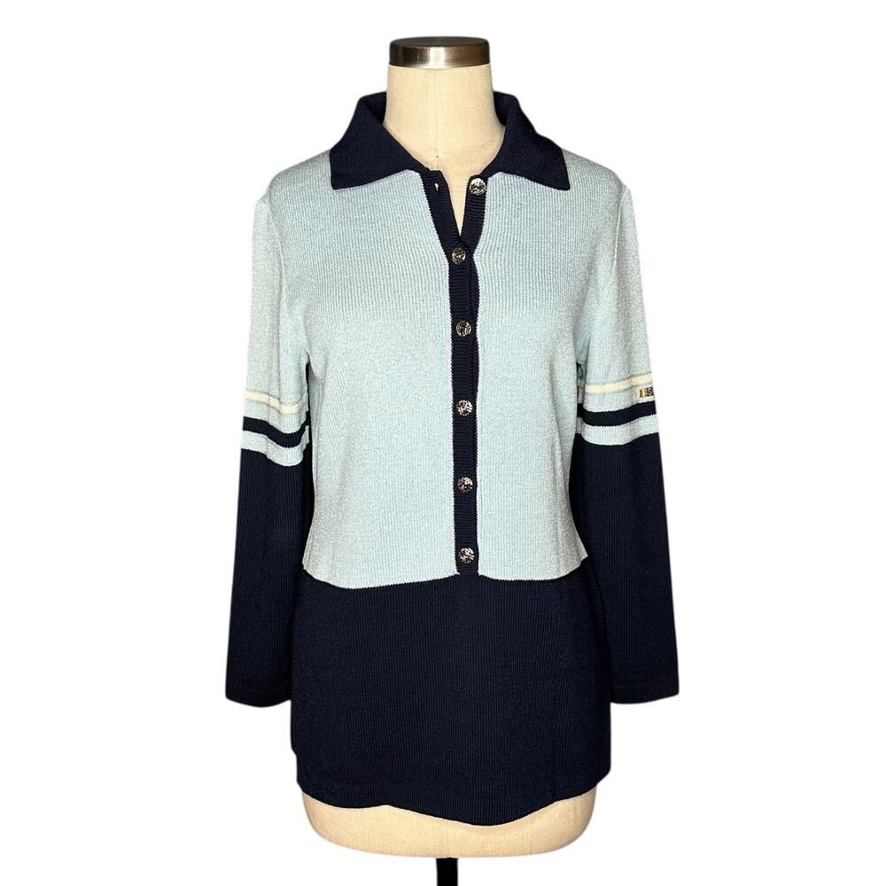 ST. JOHN Sport Blue Two Tone Button Front Collared Santana Knit Sweater Size P